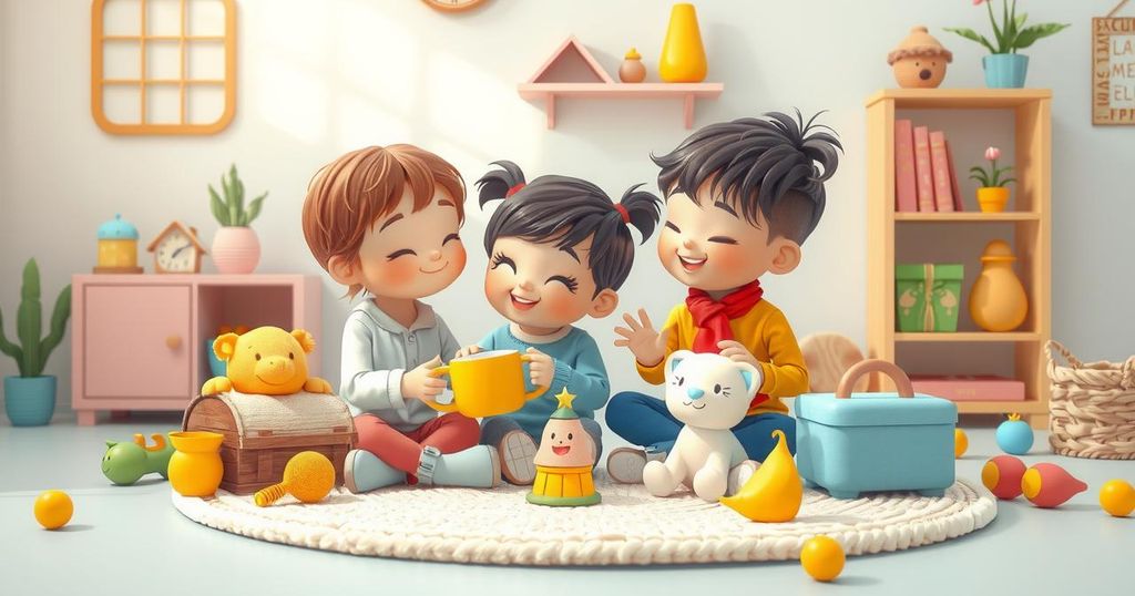 A serene family scene with two children interacting with toys, bright colours, and elements of playfulness.