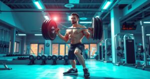 Stylised representation of a determined figure exercising with weights in a bright gym, embodying fitness and strength.