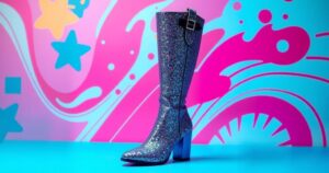 A captivating still-life of sparkly knee-high boots against a vibrant background, representing bold style choices.