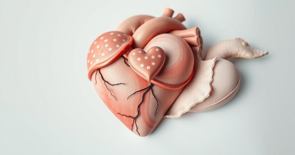 A family dynamic featuring three interlaced hearts, using pastel colours to symbolize estrangement and emotional distance.
