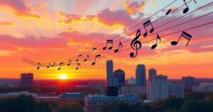 A vibrant Nashville skyline at sunset with musical notes floating in the air, symbolising a farewell concert atmosphere.