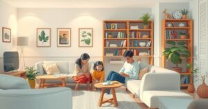 A serene family gathering in a warm living room, showcasing love and support among family members, reflecting emotional bonds.