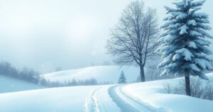 A serene winter landscape with soft snowflakes falling, capturing a peaceful yet melancholic atmosphere.