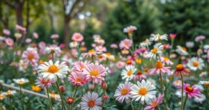 A beautiful garden filled with blooming flowers, symbolizing love and remembrance, with a gentle, peaceful atmosphere.