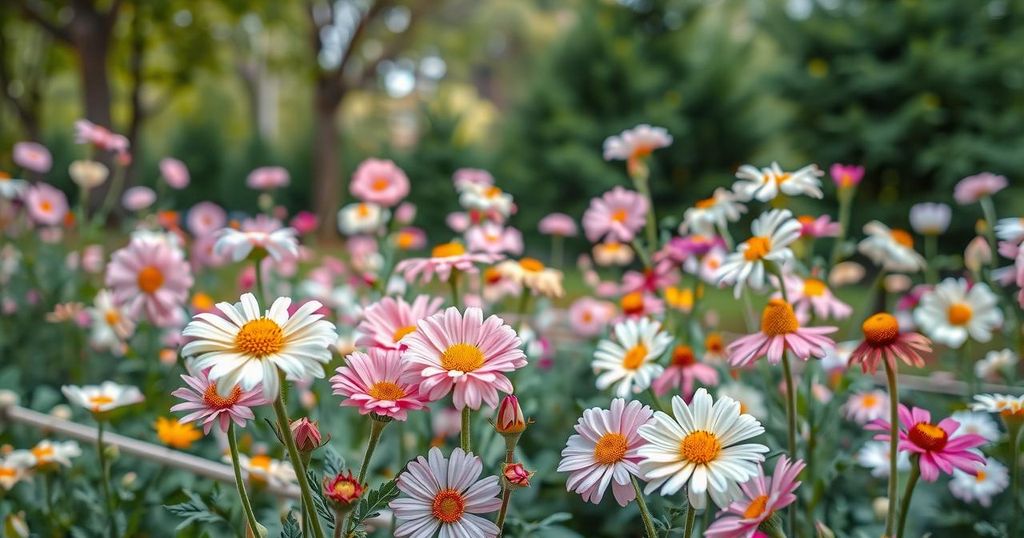 A beautiful garden filled with blooming flowers, symbolizing love and remembrance, with a gentle, peaceful atmosphere.