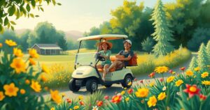 A joyful golf cart ride under the sun with a serene landscape, featuring greenery and vibrant flowers.