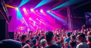 A vibrant Coldplay concert scene with bright lights and a cheering crowd, embodying excitement and energy.