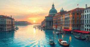 A serene view of Venice with grand architecture and soft sunset, capturing a romantic atmosphere.