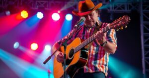 A musician performs on stage with a guitar, surrounded by vibrant acoustic elements and warm colour tones.