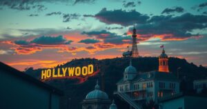 Dramatic Hollywood skyline at dusk with glowing lights symbolising fame and controversy, in a muted colour palette.
