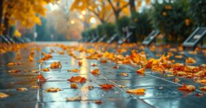 A serene landscape with wet tiles reflecting a rain-soaked environment and soft autumn foliage.