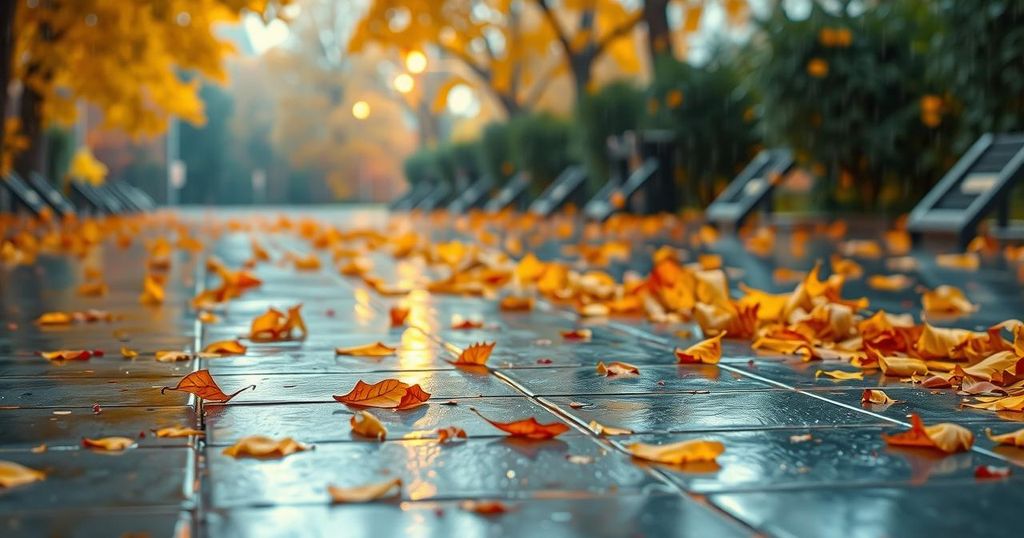 A serene landscape with wet tiles reflecting a rain-soaked environment and soft autumn foliage.