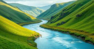A serene landscape with a peaceful river flowing through vibrant green hills under a soft blue sky.