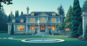 A luxury mansion with high-tech security features, surrounded by lush greenery, representing celebrity protection.