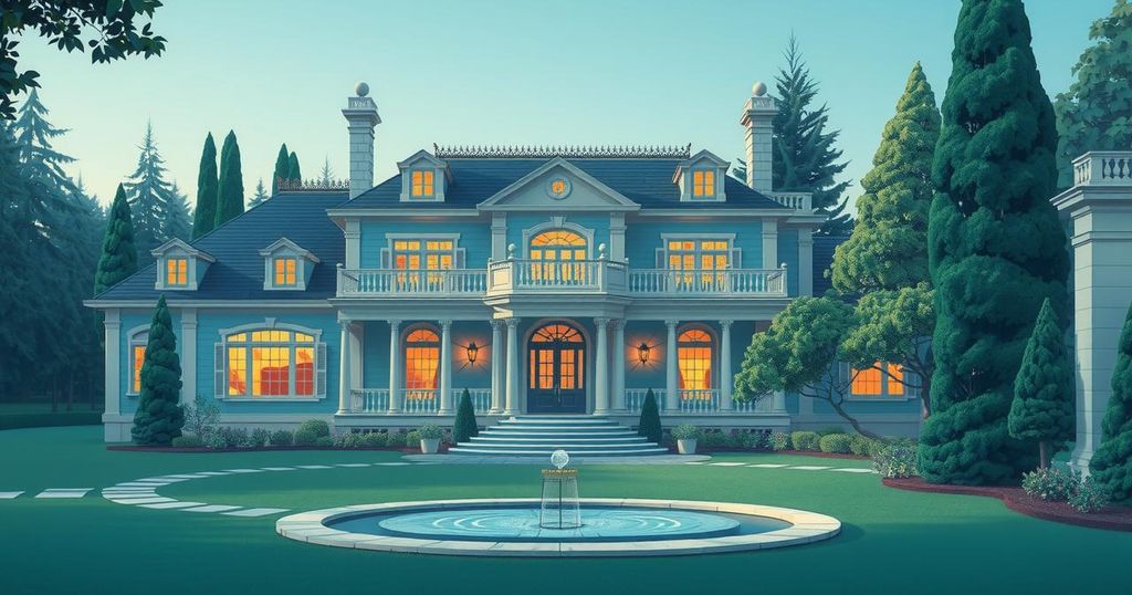 A luxury mansion with high-tech security features, surrounded by lush greenery, representing celebrity protection.