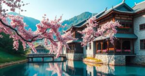 A serene Chinese valley with traditional architecture and blooming cherry blossoms under a clear blue sky.