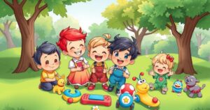 A heartwarming illustration of a playdate between two toddlers with playful toys in a sunny park.