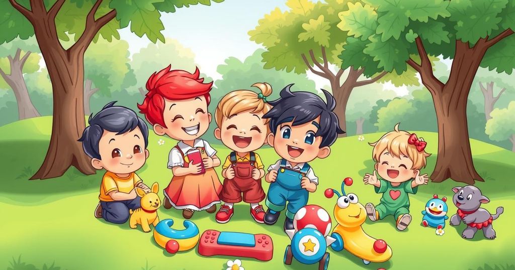 A heartwarming illustration of a playdate between two toddlers with playful toys in a sunny park.