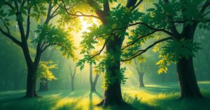Abstract forest scenery with vibrant green foliage and soft light filtering through tree branches.
