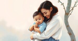 A serene bond between a mother and a child symbolised by soft hues and gentle brushstrokes.