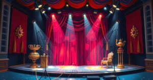 A vibrant stage setting featuring theatrical elements, reflecting the essence of performing arts and diverse characters.