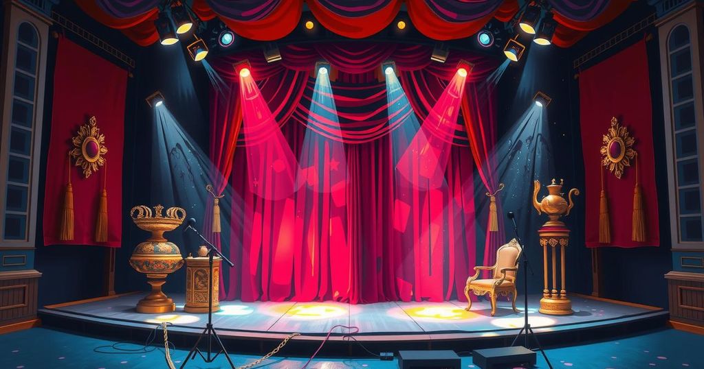 A vibrant stage setting featuring theatrical elements, reflecting the essence of performing arts and diverse characters.