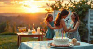 A serene landscape illustrating a bittersweet family moment, with warm tones highlighting a birthday theme.