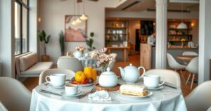 A close-up of an empty table set for breakfast in a stylish cafe, featuring elegant decor and soft lighting.