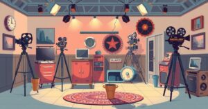 A classic Hollywood studio setting with vintage film equipment, clapperboard, and props in soft pastel tones.