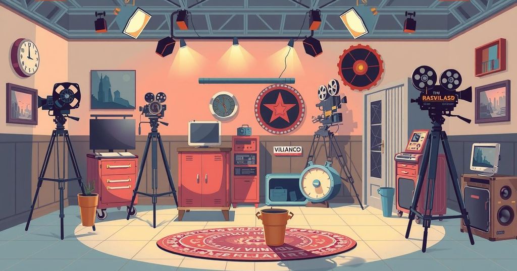 A classic Hollywood studio setting with vintage film equipment, clapperboard, and props in soft pastel tones.