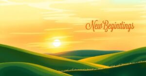 An abstract representation of new beginnings, featuring a bright sun rising over green hills, symbolizing hope and positivity.