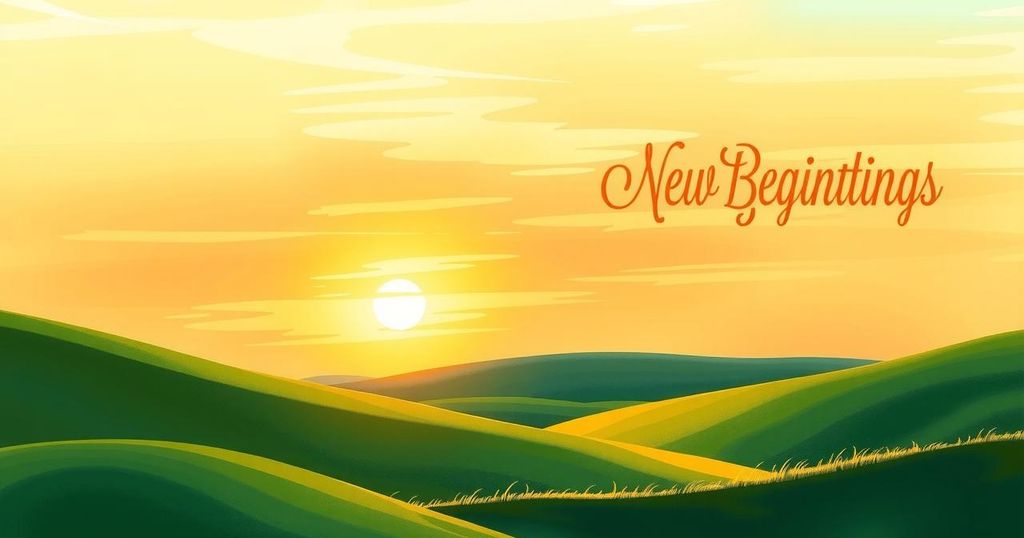 An abstract representation of new beginnings, featuring a bright sun rising over green hills, symbolizing hope and positivity.
