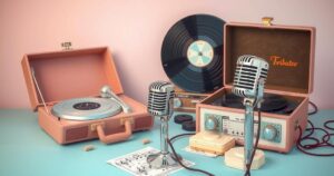 A musical tribute scene with vintage microphones, record players, and a soft glow of pastel colours symbolising nostalgia.