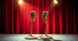 Two vintage microphones on a stage with a spotlight shining bright, symbolising friendship and laughter between comedians.