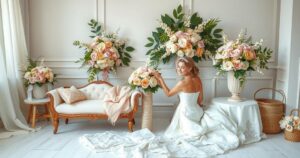 Wedding planning scene with floral arrangements and decor in pastel colours, illustrating stress and excitement.
