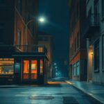 A moody night cityscape featuring a dimly lit street with a deserted cafe, reflecting a sense of solitude and contemplation.