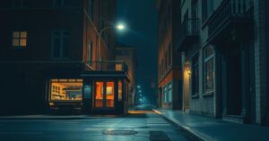 A moody night cityscape featuring a dimly lit street with a deserted cafe, reflecting a sense of solitude and contemplation.