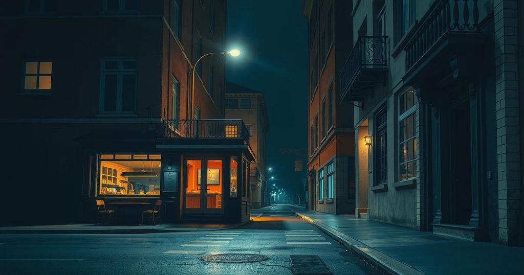 A moody night cityscape featuring a dimly lit street with a deserted cafe, reflecting a sense of solitude and contemplation.