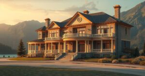 A desolate luxurious house with a 'For Sale' sign amidst a stunning landscape expressing loneliness and change.