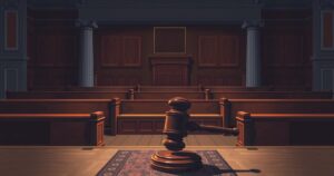 A digital illustration of a courtroom, depicting empty chairs and a gavel, in a moody, somber colour palette.