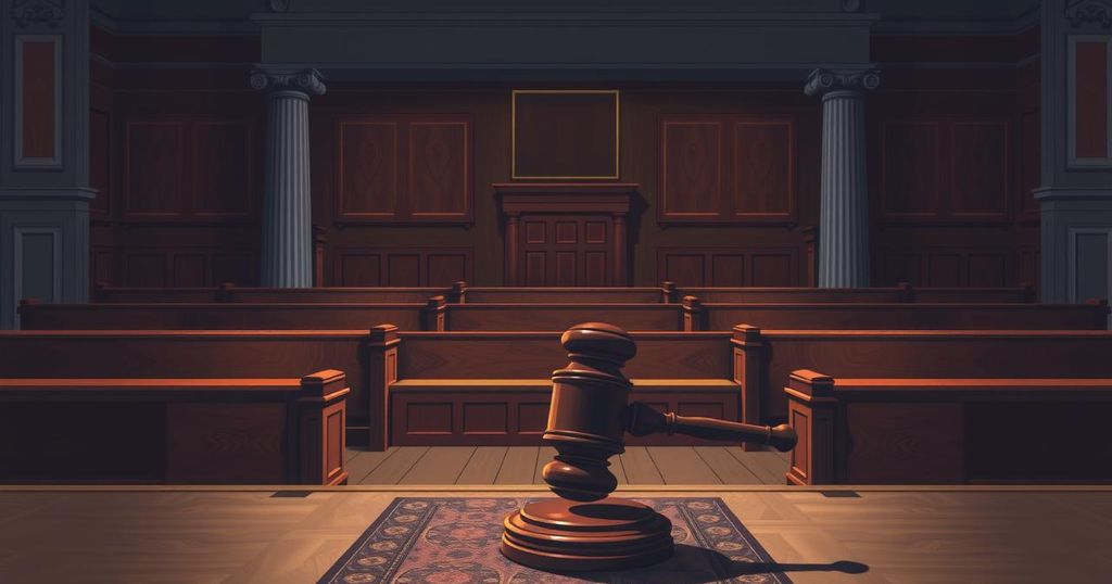 A digital illustration of a courtroom, depicting empty chairs and a gavel, in a moody, somber colour palette.