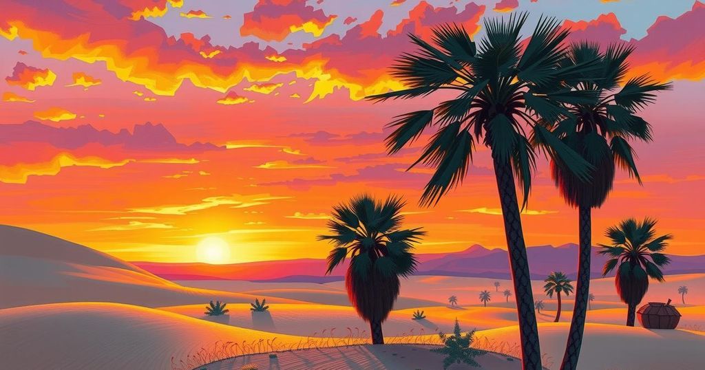 Desert landscape with palm trees, vibrant sunset colours, serene atmosphere representing a cultural connection.