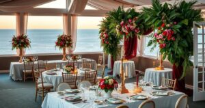 A luxurious Hamptons wedding venue with elegant decor and a sea view, rich colours and exquisite floral arrangements.