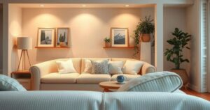 A heartwarming scene of a cozy homecoming with warm lighting, soft furnishings, and comforting decorations.