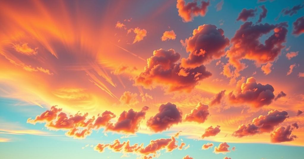 Social media influencer celebrating success with a vibrant sunset backdrop, conveying joy and enthusiasm.