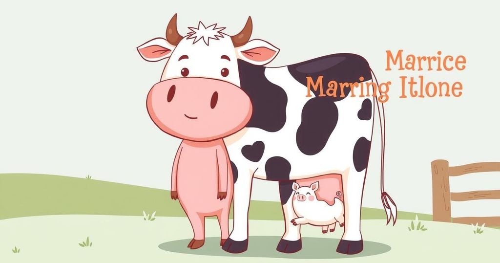 A humorous illustration depicting marriage expectations with a cow and a pig used as metaphors in a lighthearted style.