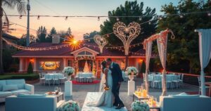 Wedding scene of a couple celebrating outdoors with sparkling lights in a romantic setting at dusk.