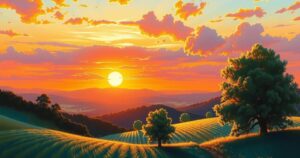 A vibrant scene featuring a glowing sunset over a serene landscape with lush greenery and warm colours.