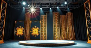 A grand stage set for an award ceremony, illuminated with bright lights and decorated in gold and black tones.