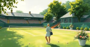 Wimbledon tennis scene with vibrant green grass and a peach-coloured outfit in a serene outdoor setting.